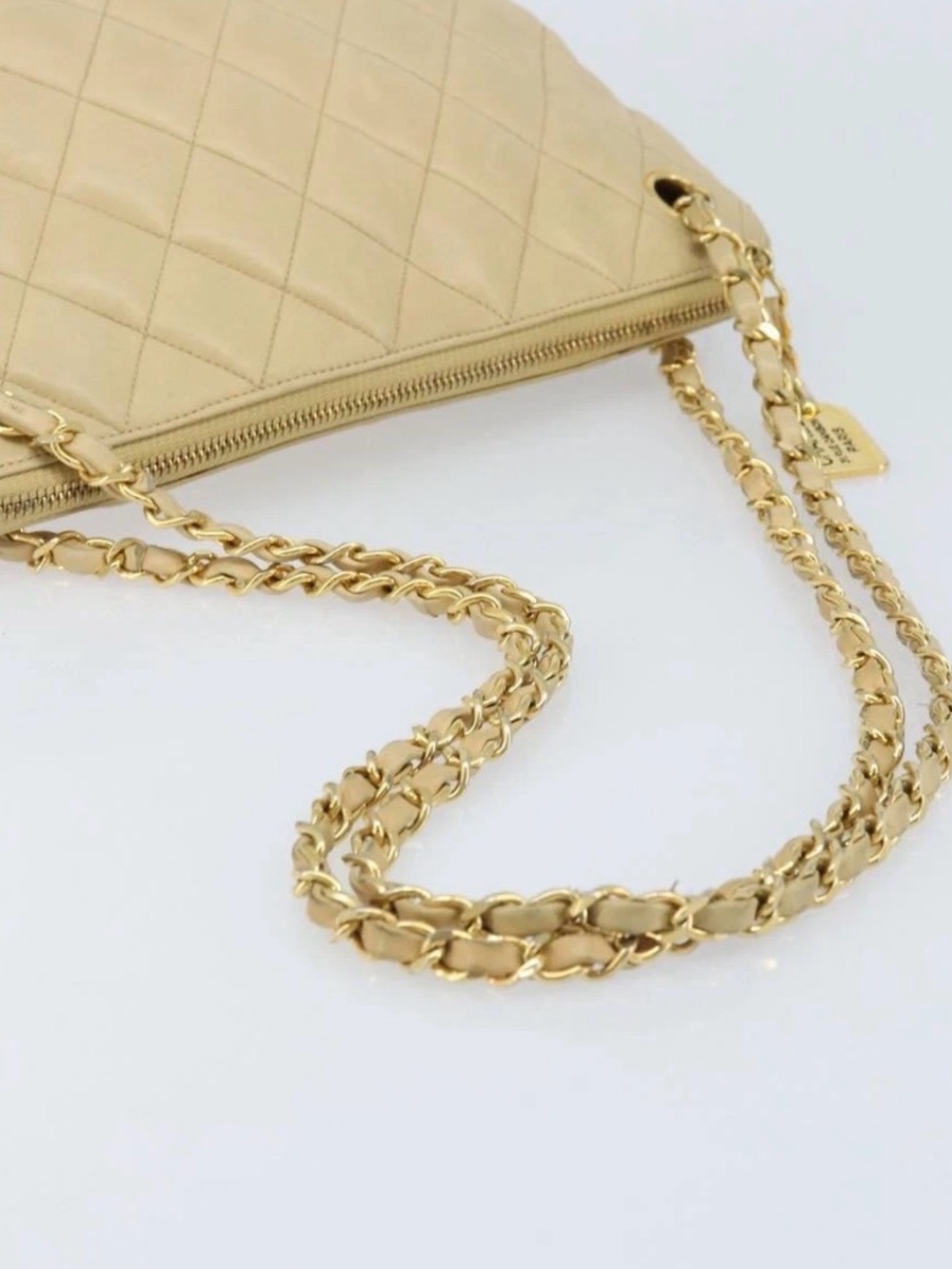 CHANEL Matelasse Chain Shoulder Tote Bag Lamb Skin Beige Gold CC Auth - Picture 7 of 12